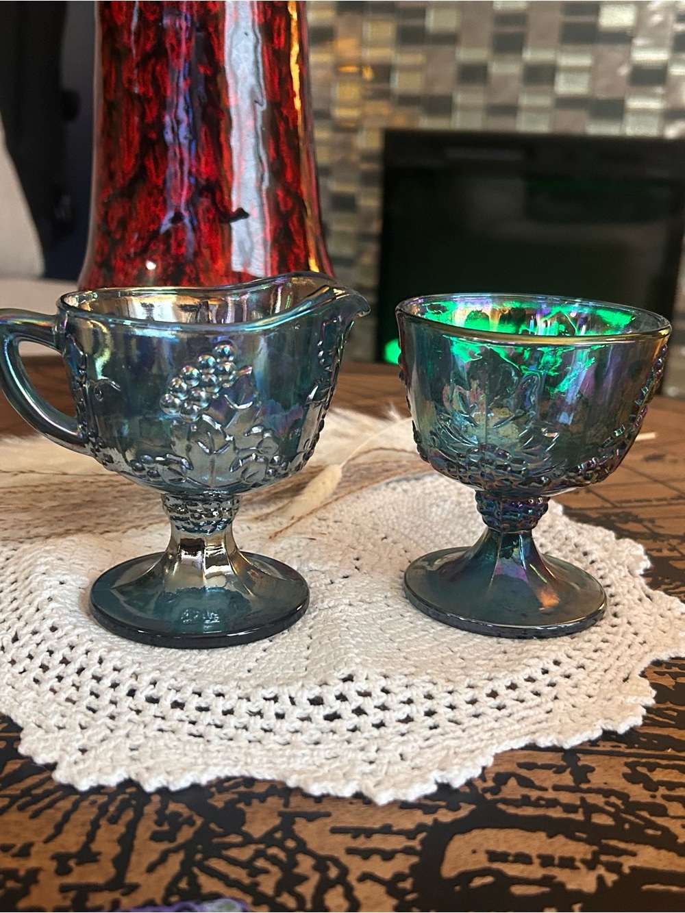 Vintage Indiana Glass Harvest Grape Creamer & Sugar Bowl | Blue Carnival Glass |